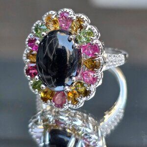 Artisan ✦ Black Tourmaline Halo Ring ✦ Multi-Stone Platinum Over Silver 9 NWT
